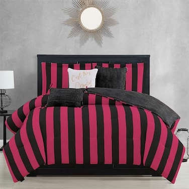 Juicy Couture Cabana Stripe Reversible Bedding Set King Size Black and Hot Pink Stripe Print 6 Piece Set Includes 1 104 x 90 Comforter 3 Decorative Pillows 2 Shams