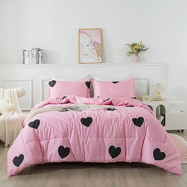 Caressma Love Pattern Girls Pink Comforter Set Full Size Blush Pink Cute Love Heart Sexy Comforter Bedding Set for All Seasons Geometric Microfiber 3 Pieces Comforter Set with Pillowcases