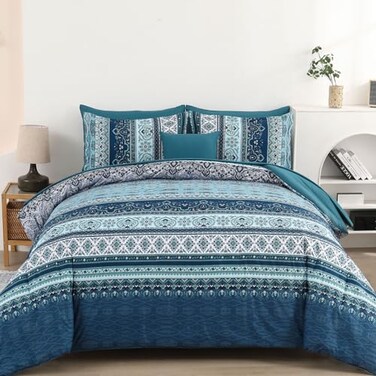 Cottolester Boho Blue Comforter Set Queen Size 8 PiecesTeal Blue Comforter Bohemian Striped Bed in A BagSoft Microfiber Bedding Set for All Seasons