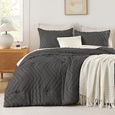 Andency Dark Grey Comforter Set Queen Size Boho Soft Warm Tufted Bedding Comforter Sets for Queen Size Bed 3 Pieces Aesthetic Chevron Farmhouse Cute Bohemian Textured Bed Set