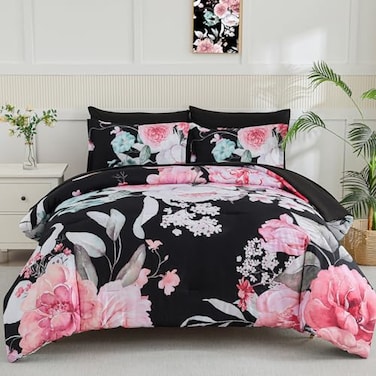 Yogeneg King Size Comforter Set 7 Piece Bed in a BagPink Floral Botanical Pattern Black Bedding SetSoft Microfiber Comforter with Sheet SetAll Season Bed SetPinkKing