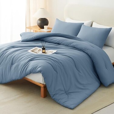 CozyLux Full Size Comforter Set Grayish Blue 3 Pieces Lightweight Down Alternative Quilted Bedding Set Dusty Blue All Season Soft Breathable Solid Comforter with 2 Pillowcases Bed Set Gift for Home