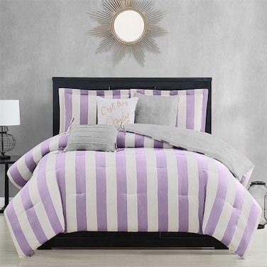 Juicy Couture Cabana Stripe Reversible Bedding Set King Size LavenderWhite Stripe Print 6 Piece Set Includes 1 104 x 90 Comforter 3 Decorative Pillows 2 Shams