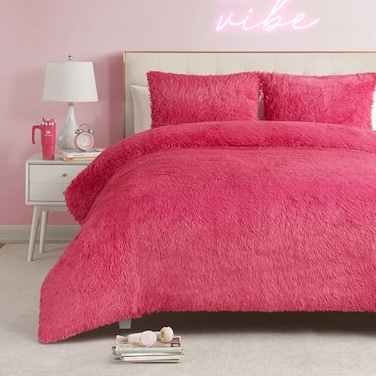 Juicy Couture Shaggy Faux Fur Hot Pink FullQueen Comforter Set Soft and Cozy 3Piece Machine Washable Bedding Comforter and Sham Set