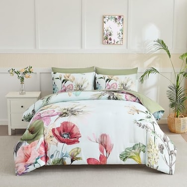Yogeneg Queen Comforter Set 7 Piece Bed in a BagElegant Floral Botanical Pattern Green Bedding SetSoft Microfiber Comforter with Sheet SetAll Season Bed SetGreen FloralQueen