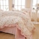 MKXI Strawberry Print Comforter Set Pink and White Ruffled Bedding with Floral Accents Soft Microfiber 3Piece Full Size Lightweight and Cozy for Kids Teens and Adults