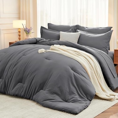 MUXHOMO 7 Pieces Queen Comforter Set Soft Bed in a Bag Queen Size All Season Bedding Set with Comforter Flat Sheet Fitted Sheet Pillowcases Shams Dark Grey