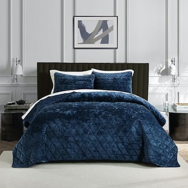 Homzard Velvet Quilt Set Queen Size Bedding Set Blue Queen Size Comforter SetNavy Blue Bedspreads Luxurious Plush Bedding SetsSoft Lightweight for All Season