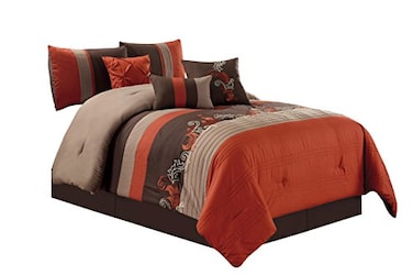 Chezmoi Collection Napa 7Piece Luxury Leaves Scroll Embroidery Bedding Comforter Set Oversized King Rust OrangeBrownTaupe
