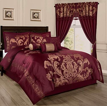 Chezmoi Collection Royale 7Piece Jacquard Floral Comforter Set Oversized King MaroonGold