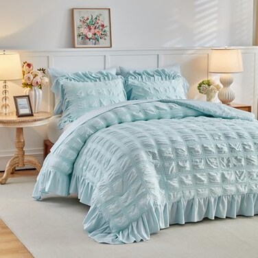 Tititada Blue Plaid Seersucker Comforter Set with Ruffled Fringe Twin Size 3 Pieces Soft Fluffy Farmhouse Bedding Set for All Season Twin Bed Set with Ruffle Shams Blue Twin