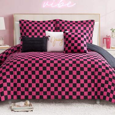 Juicy Couture Reversible Checkerboard Comforter Set 6Piece King Set BlackHot Pink