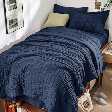 HYMOKEGE Navy Blue Twin XL Comforter Set Seersucker 5 Pieces All Season Luxury Bed in a Bag for Bedroom Bedding Set with Comforter Sheets Pillowcase Sham