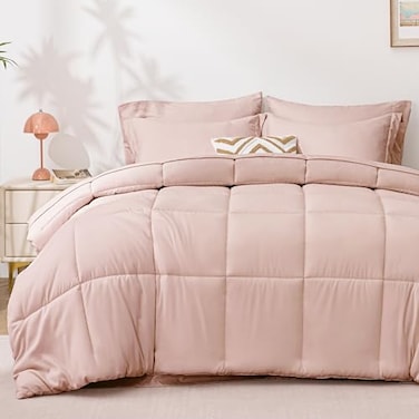 Love's cabin Loves cabin King Size Comforter Set Blush Pink 7 Pieces King Bed in a Bag All Season Bedding Sets with 1 Comforter 1 Flat Sheet 1 Fitted Sheet 2 Pillowcase and 2 Pillow Sham
