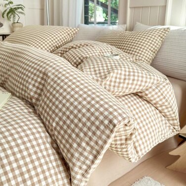 LifeTB Tan Gingham Comforter Set Full Modern Style Beige Plaid Comforter Set 3 Pieces Soft Fluffy Grid Checkered Pattern Comforter with 2 Pillowcases Farmhouse Gingham Bedding Comforter Full