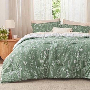 Bedsure Full Comforter Set Green Bed Set 3 Pieces Cute Floral Bedding 1 Soft Reversible Botanical Flowers Comforter and 2 Pillow Shams
