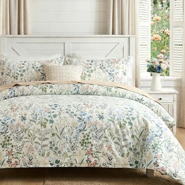 Cozaline Green Floral Comforter Set Queen Size 100 Cotton Comforter 3 Pieces Soft Lightweight Reversible Retro Floral Bedding Sets for All Season