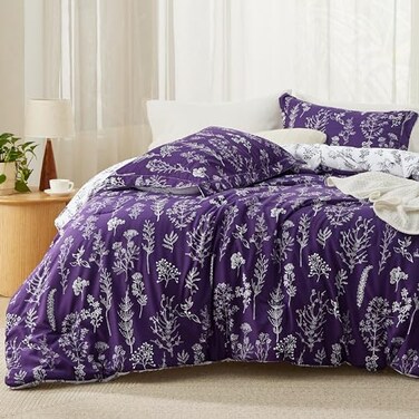 Bedsure King Comforter Set Dark Purple Bed Set 3 Pieces Cute Floral Bedding 1 Soft Reversible Botanical Flowers Comforter and 2 Pillow Shams