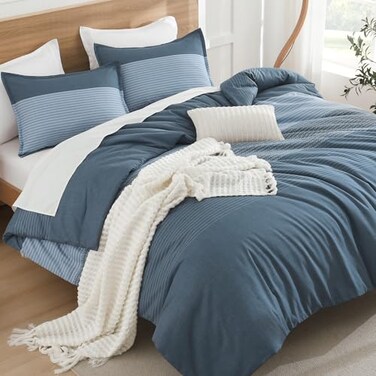 Litanika Haze Blue Comforter Set Queen 3 Pieces Lightweight Haze Blue White Colorblock Stripe Fluffy Bedding Comforter Sets All Season Bed Set