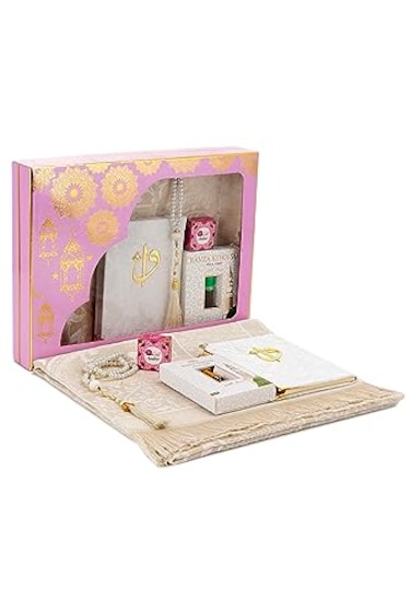 ihvan online Islamic Prayers Gift Box Muslim Prayer Rug Yaseen Book Prayer Beads Tesbih Solid Smell Ravza Scent 6 Piece Prayers Mat Set for Ramadan Eid Gifts PinkSet 1