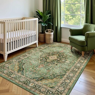 Deerly Green Rug 3x5 Area Rug with NonSlip Backing Washable Rugs for Bedroom Living Room Kitchen Distressed Carpet Printed LowPile Soft Dorm Rug Room DecorBorder Green