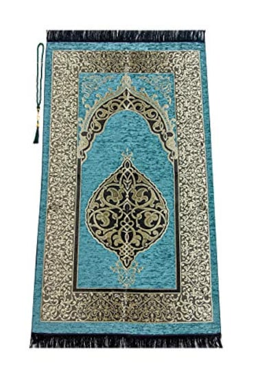 ihvan online Muslim Prayer Rug with 99 Beads Tasbih Soft Chenille Sajadah Lightweight Foldable Janamaz Portable Travel Prayer Mat Islamic Gift for Eid Ramadan Hajj Umrah Mint Green