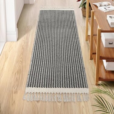 Lahome Belle Boho Hallway Runner Rug 2x6 Laundry Room Lightweight Entry Woven Cotton Throw Mat with Tassels Farmhouse Non Shedding Washable Black Low Pile Runner for Kitchen Bathroom