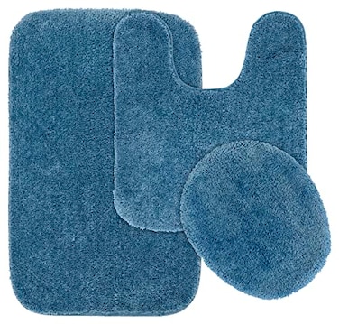 Garland Rug Traditional Nylon Washable Basin Blue 3 Piece Set Lid Contour Bath Rug Soft Absorbent and Stylish for Your Bathroom