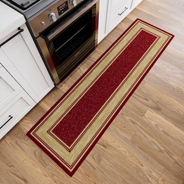 Ottomanson Runner Rug 110 x 6 Non Slip Rubber Backed Kitchen Rug for Sink Area Hallway Carpet Runner Low Pile Indoor Runner Rug for Laundry Room and Entryway Border Red