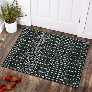 Lahome Moroccan Entry Rug 2x3 NonSlip Washable Front Indoor Door Mat Rubber Backing LowProfile Door Rugs Small Geometric Print Distressed for Entryway Bathroom Kitchen Black Hana