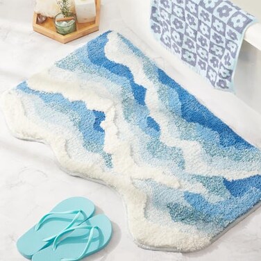 DyeFury Blue Ocean Wave Bath Mat Cute Funky Bathroom Rugs for Coastal Beach Nautical Themed Decor NonSlip Washable Accent Rug for Bedroom Kitchen Trendy Tufted Shower Mats 31x 21
