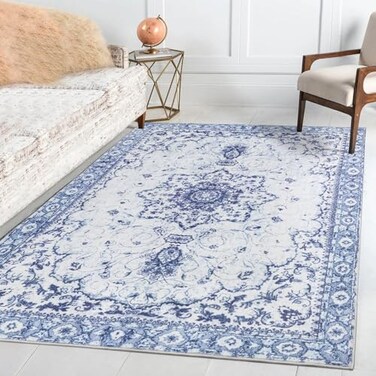 Sofrug Area Rug 5x7 Vintage Floral Honeycomb Non Slip Backing Carpet Blue Softer Thicker Faux Wool Rug Foldable Machine Washable Rugs for Living Room Bedroom Dining Room Home Office