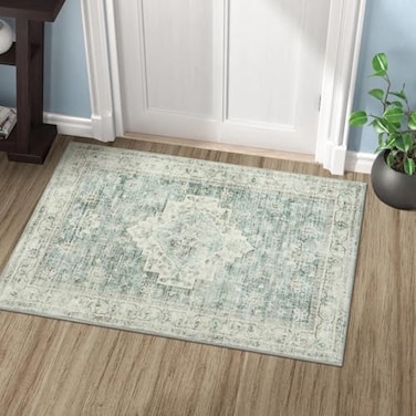 LIVEBOX Washable Rug 2x3 Kitchen Mats for Floor Entryway Non Slip Front Door Mat for Bathroom Hallway Boho LowPile Small Carpet Farmhouse Throw Indoor Rugs for Bath Sink Sage Green