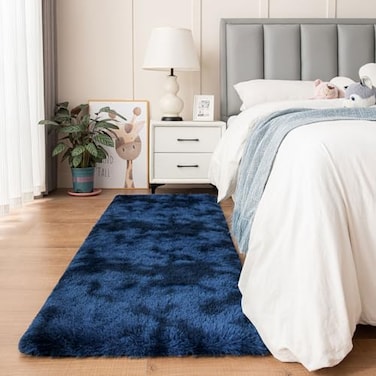 duduta Navy Blue Fluffy Plush Runner Rugs 2x6 ft Tie Dye Rectangle Shag Rug for Bedroom Dorm Living Room Kids Room Machine Washable AntiSlip