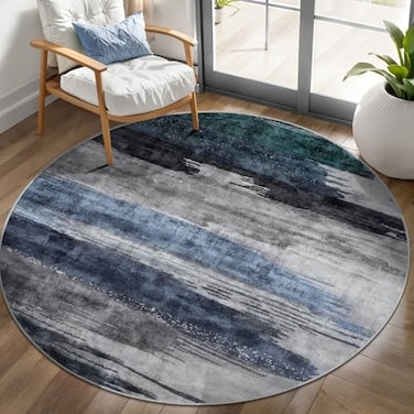 Ciicool 4ft Round Washable Rug Modern Abstract Circle Rugs NonSlip Thin LowPile Rug Navy Grey Circular Print Distressed Carpet for Bedroom Living Room Under Dining Table Home Office Decor