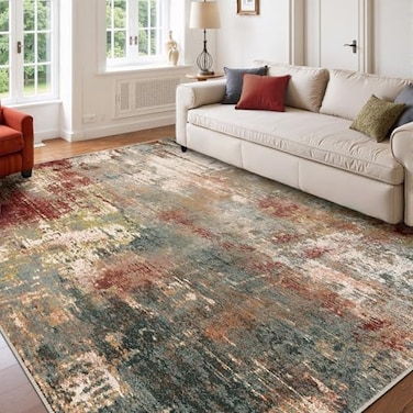 RELEANY Washable Area Rugs 6x9 NonSlip Modern Abstract Soft for Living Room Entryway Bedroom Nursery Print Pattern Brown Rust Red Green Blue Multi