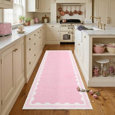 GarveeHome 2x6 Runner Rug for Hallway Washable Kitchen Rugs Non Slip Solid Pink Modern Minimalism Soft LowPile Scalloped Indoor Carpet for Entryway Laundry Room Floor Mats with Rubber Back