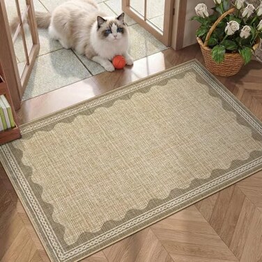 GarveeHome Door Mat Indoor Rugs for Entryway Scalloped Solid Tan Jute Digital Printing Small Rug 2x3 Washable NonSlip Modern Soft LowPile Carpet for Bedroom Kitchen Entrance