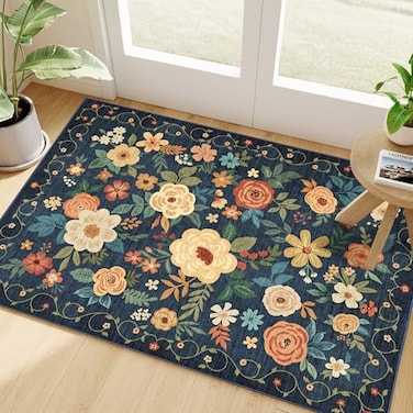 DUKINO 2x3 Rugs for Entryway Floral Indoor Washable Door Mat Non Slip Boho Small Rug for Kitchen Soft Low Pile Front Door Throw Rug for Entrance Bedroom Kitchen Laundry Bathroom Dark Blue
