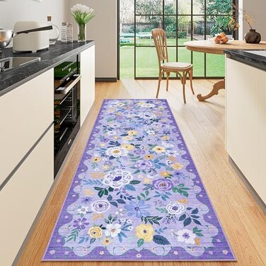 DUKINO 2x6 Runner Rug for Hallway Washable Kitchen Rug with Non Slip Backing Low Pile Soft Boho Floral Runner for Kitchen Hallway Entryway Laundry Bedroom Purple