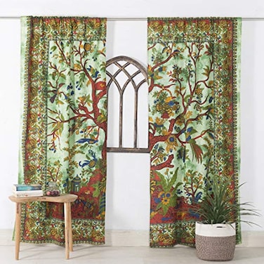 Popular Handicrafts Indian Hippie Bohemian Beautiful Tree of Life Tie Dye Mandala Curtain Panels Green