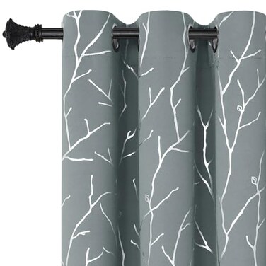 BUHUA Light Grey Blackout Bedroom Curtains Black Out Curtains 63 Inch Long 2 Panels Window Curtains Panels Windproof Elegant Tree Branches Silver Print Drapes 38W x 63L
