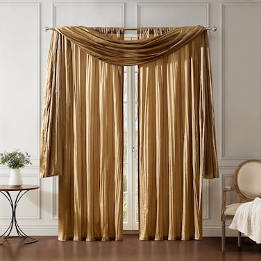 Elrene Home Fashions Athena Faux CrushedSilk Window Curtain Panel and Valance Set 52x108 2 Panels 1 Valance Gold