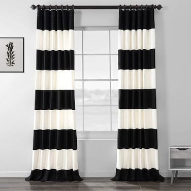 HPD Half Price Drapes Horizontal Striped Printed Curtains Cotton Curtains 96 Inches Long 1 Panel Room Darkening Window Curtains for Bedroom Living Room 50W x 96L Black and Off White
