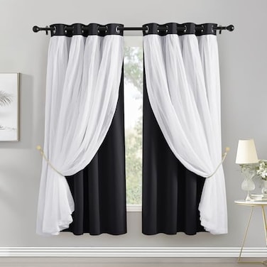 PONY DANCE Black Out Curtains Short 63 inches Long 2 Layers Sheer Overlay Drapes Blackout Elegant Window Covering for Bedroom 52 x 63 inches Black Pack2