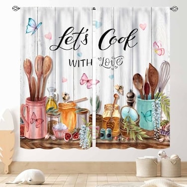 TKUYO Farmhouse Kitchen Curtians Rustic Country Fork and Spoon Cook Theme Rustic Vintage Cottage Blackout Cafe Living Room Bedroom Window Curtains Drapes Treatments 2 Panel Sets 63x63 Inch