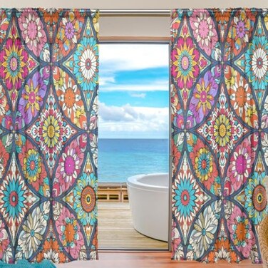 SUABO Curtains Panels Colorful Mandala Bohemian Window Sheer Panels for Living Room Drapes 84 inch Long Set of 2 Panels