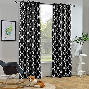 Melodieux Moroccan Room Darkening Blackout Grommet Top Curtains for Living Room 52 by 96 Inch Black 1 Panel