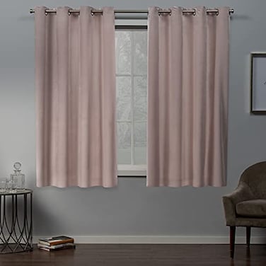 EXCLUSIVE HOME Velvet Heavyweight Light Filtering Grommet Top Curtain Panel Pair 54x63 Blush