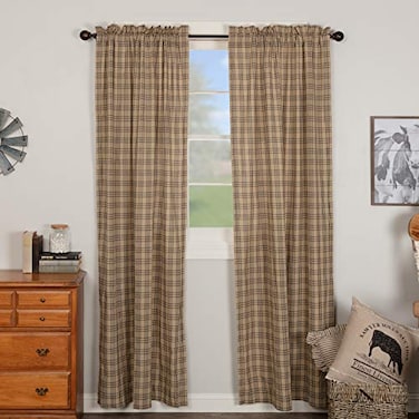 VHC Brands Farmhouse Window Bedroom CurtainsSawyer Mill Plaid Tan Panel Pair 84 Inches Long Charcoal Black